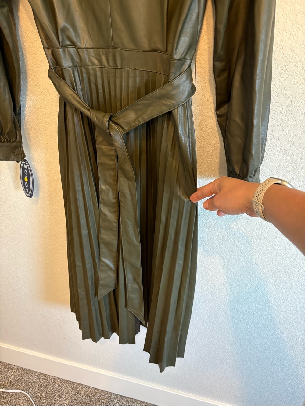 Faux Leather Pleated MIDI Dress Olive Green Chic Small NWT - Picture 13 of 15